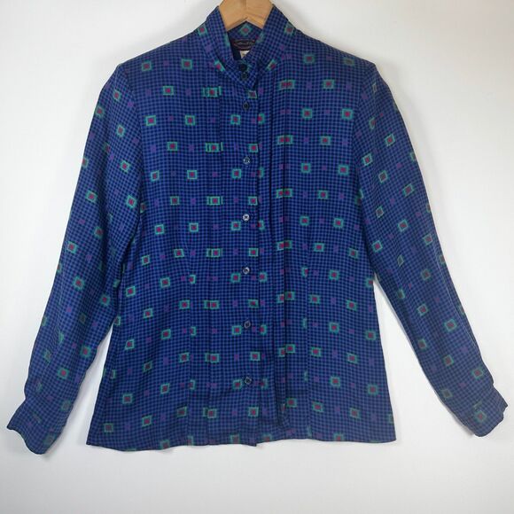 Vintage Allen Solly Blouse Women Petite 4 Blue Rayon Mod Geo Print Made in Japan - Picture 1 of 11